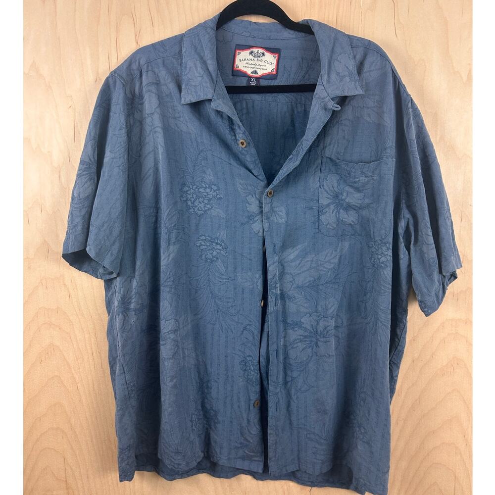 Bahama Bay Club Hawaiian Shirt Mens XL Blue Floral Jacquard Short Sleeve